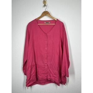 Flax Linen Button Front Tunic Top Medium Bright Pink Oversized Lagenlook